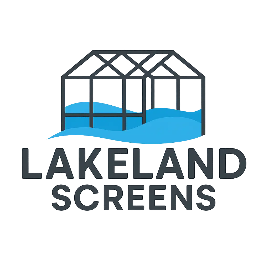 Lakeland Screens company logo featuring a screened enclosure outline with a blue wave design