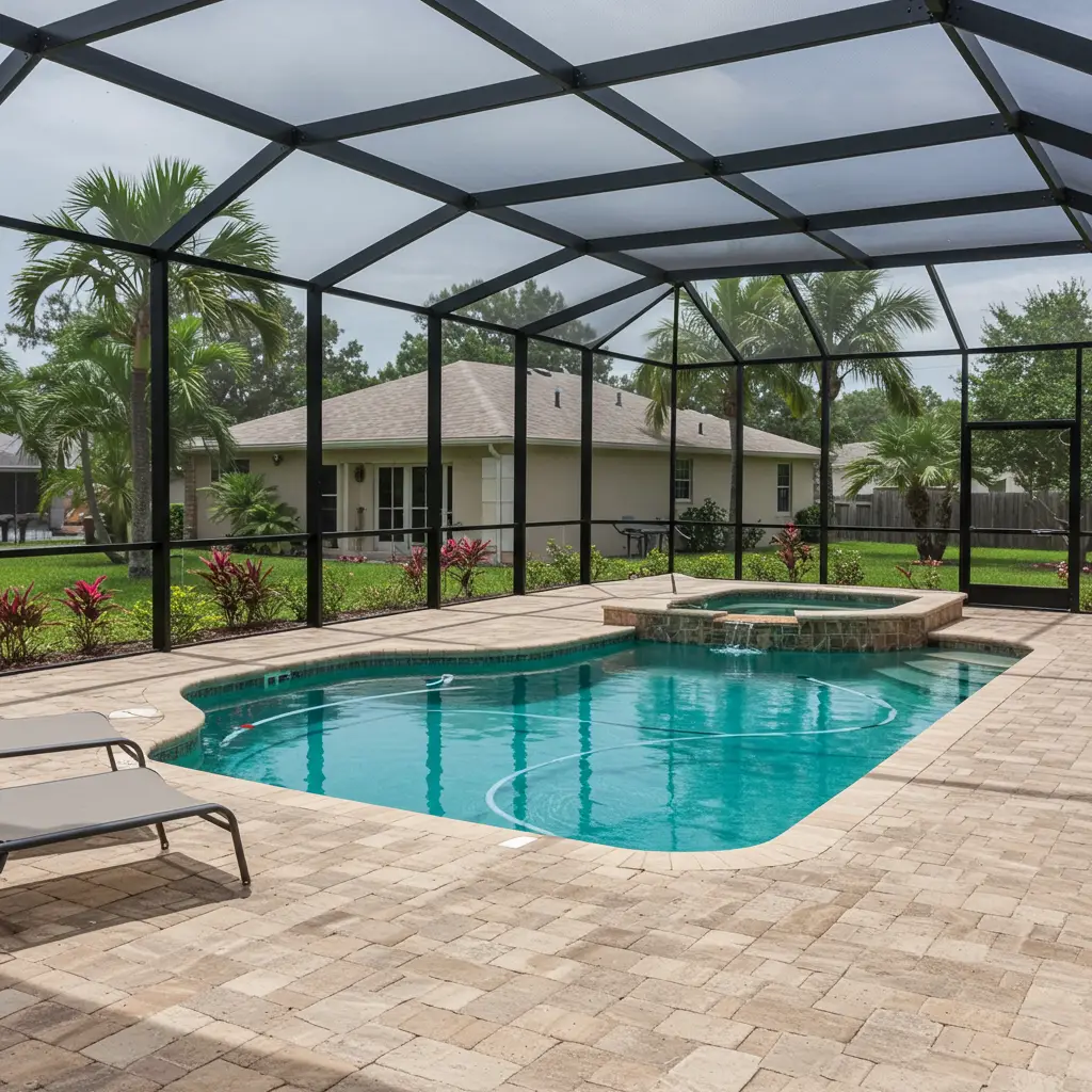 screened pool enclosure with spa and paver deck in Lakeland, FL backyard