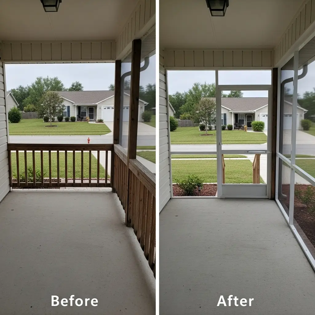 before and after front porch screen repair and enclosure installation in Lakeland, FL