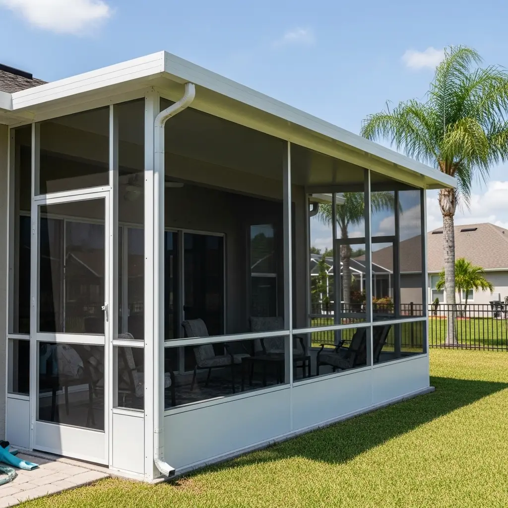custom-built lanai enclosure with white aluminum frame and screen panels in Lakeland, FL