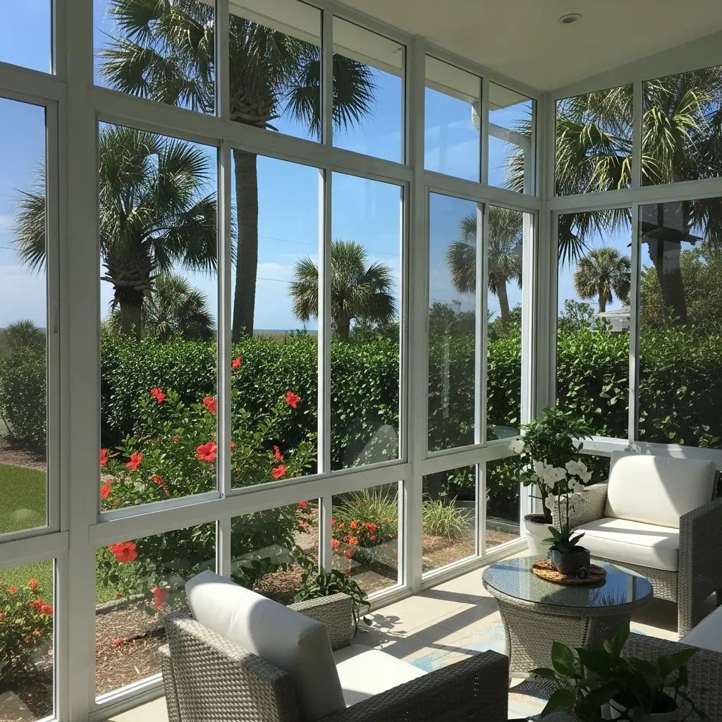 lanai enclosure repair with white aluminum framing and tropical garden view in Lakeland, FL