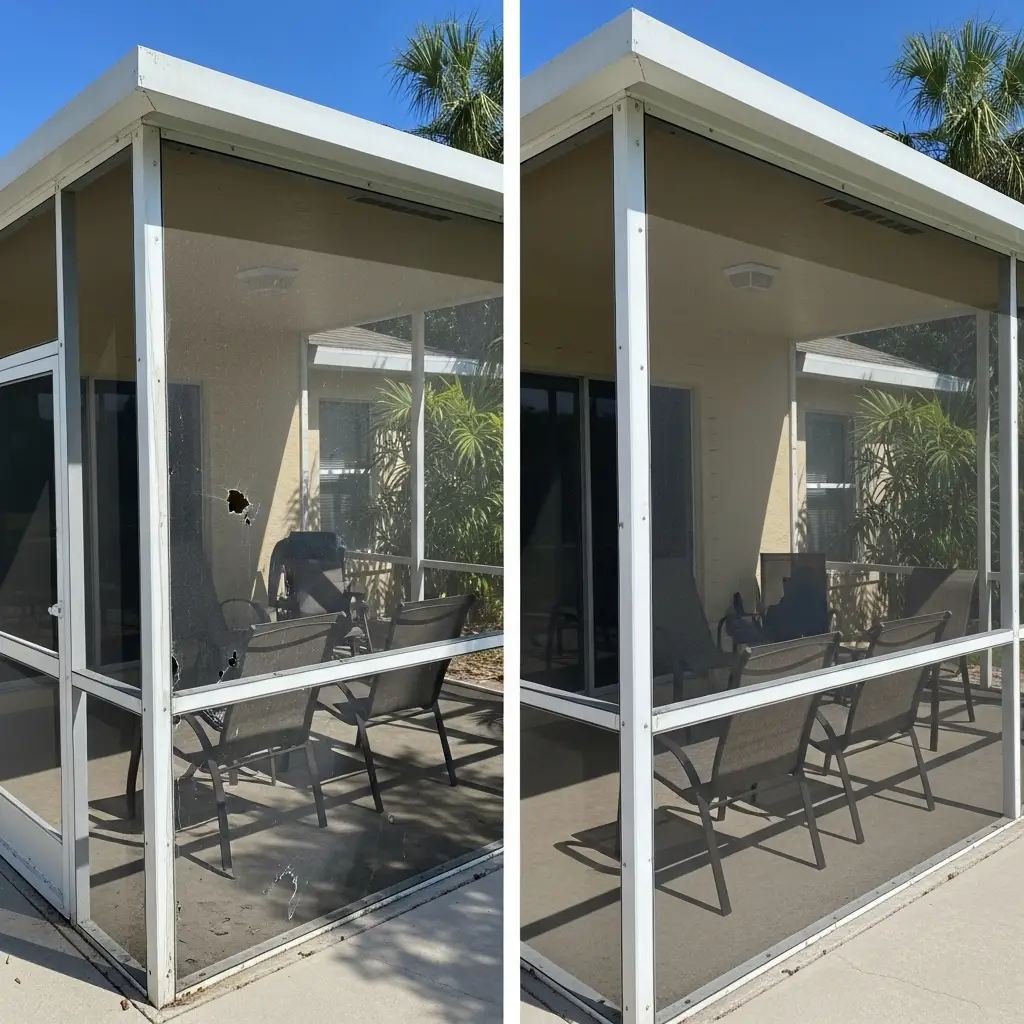 before and after lanai screen repair on residential patio in Lakeland, FL