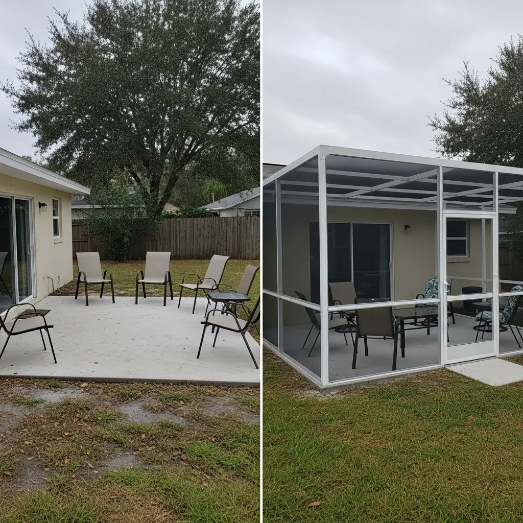 before and after patio screen enclosure installation on residential home in Lakeland, FL