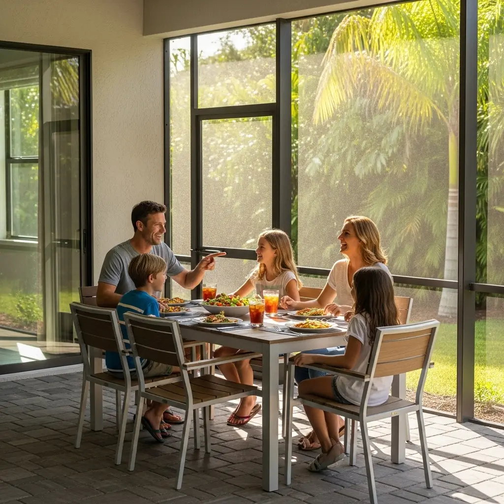 family enjoying outdoor meal inside screened patio enclosure in Lakeland, FL