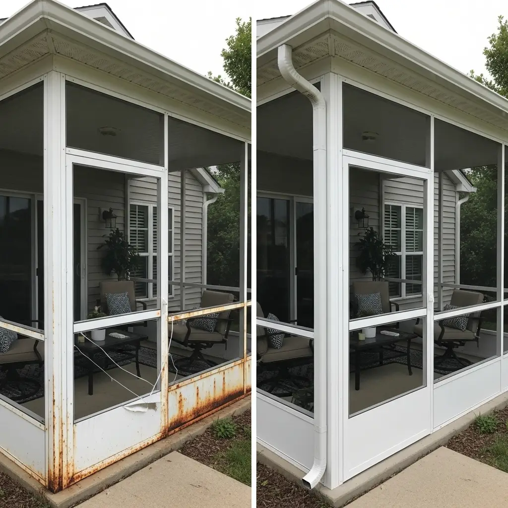 before and after patio screen replacement showing rust removal in Lakeland, FL