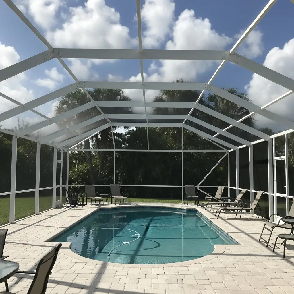 newly installed white aluminum pool cage enclosure in Lakeland, FL