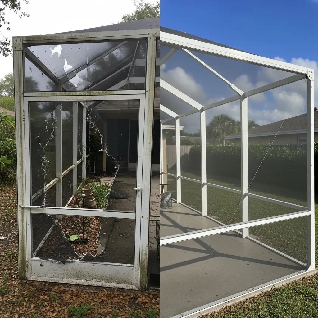 before and after pool cage screen repair showing restored frame in Lakeland, FL