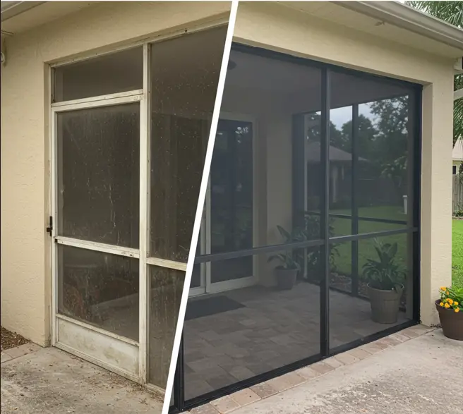 before and after screen door repair on patio enclosure in Lakeland, FL
