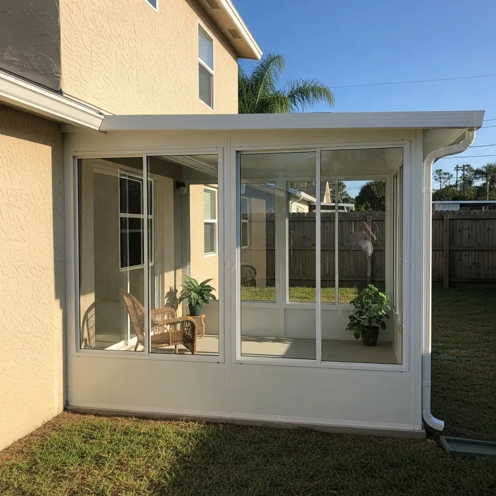 newly installed sunroom screen enclosure on residential home in Lakeland, FL