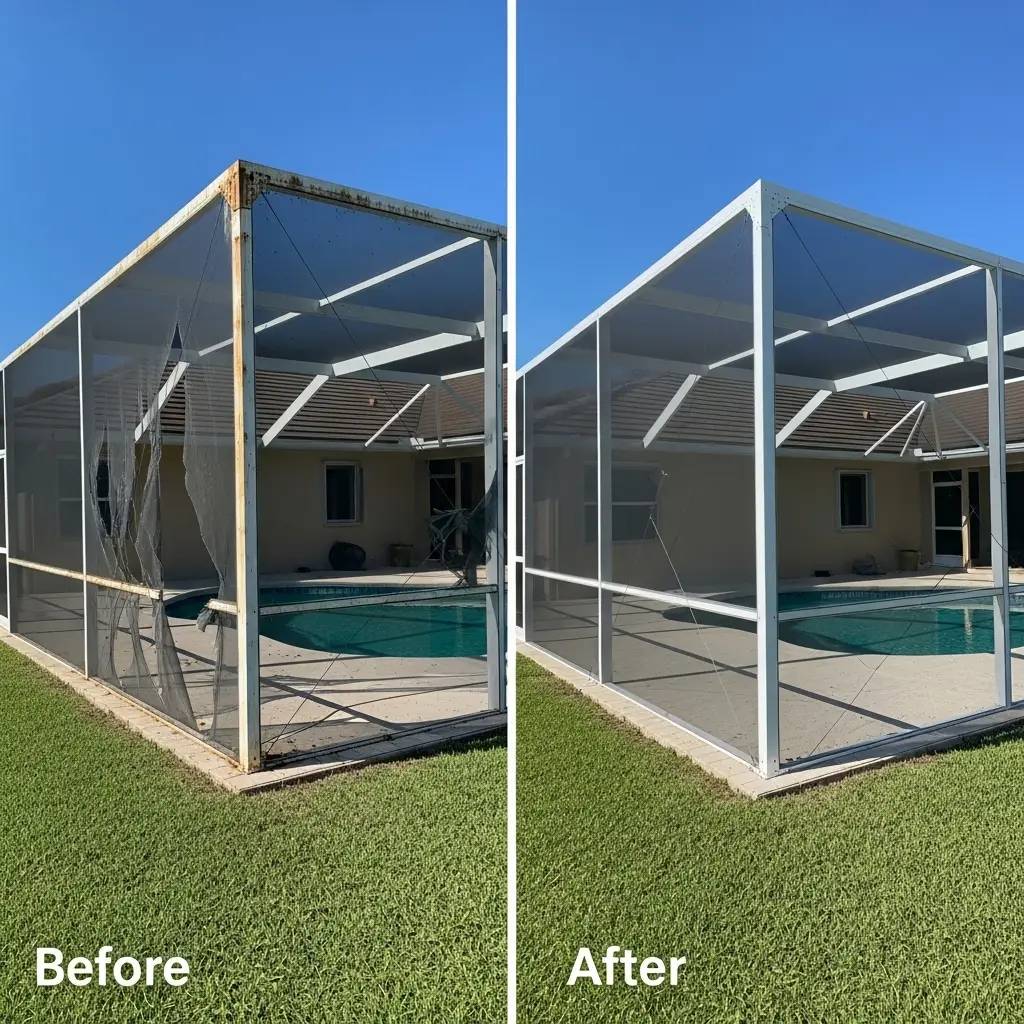 before and after pool enclosure screen replacement in Lakeland, FL residential backyard