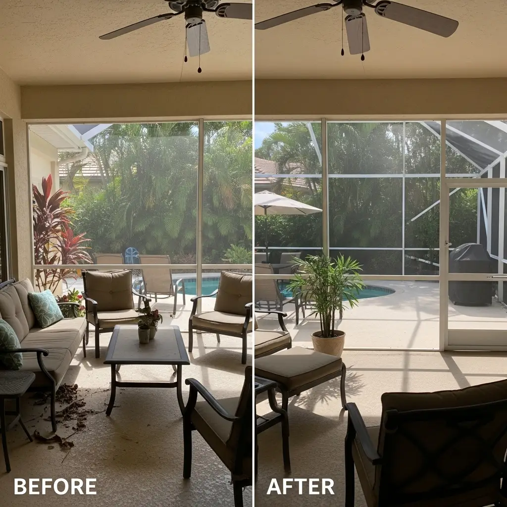 before and after sunroom window screen repair in Lakeland, FL residential patio