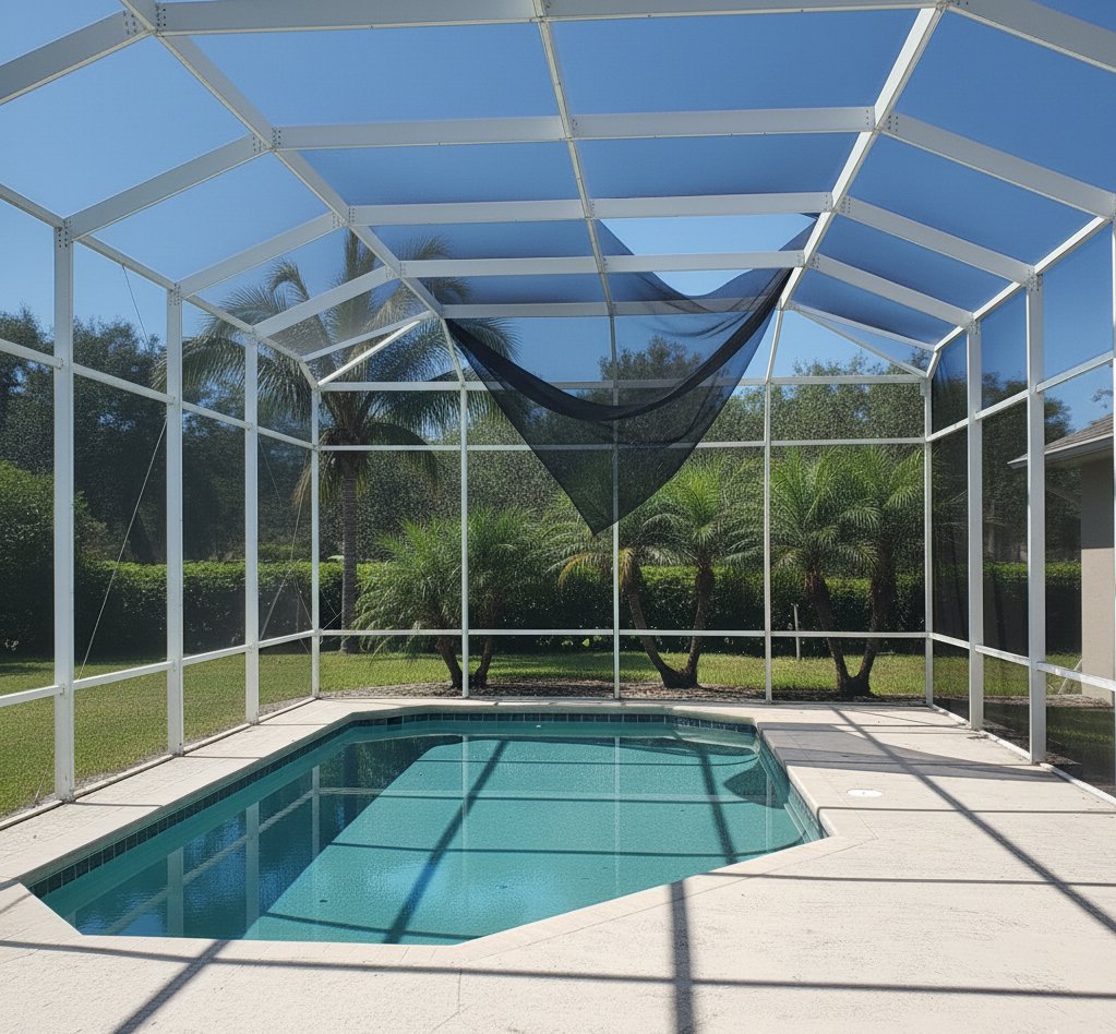 Pool screen enclosure repair restoring torn panels over backyard pool in Lakeland, FL